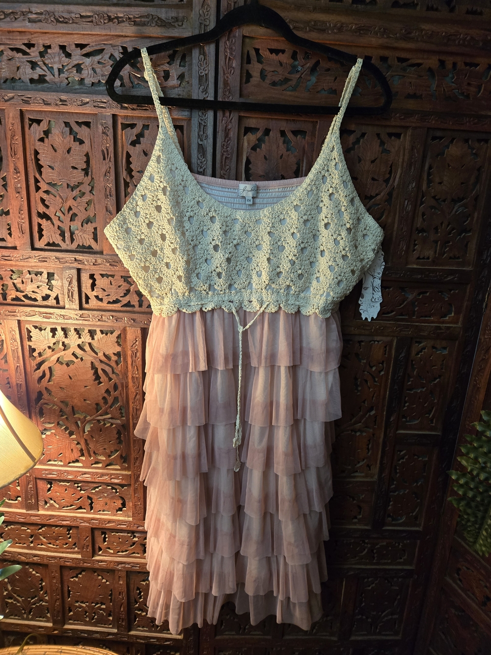 Crochet Top Ruffle Maxi Dress in Blush Pink